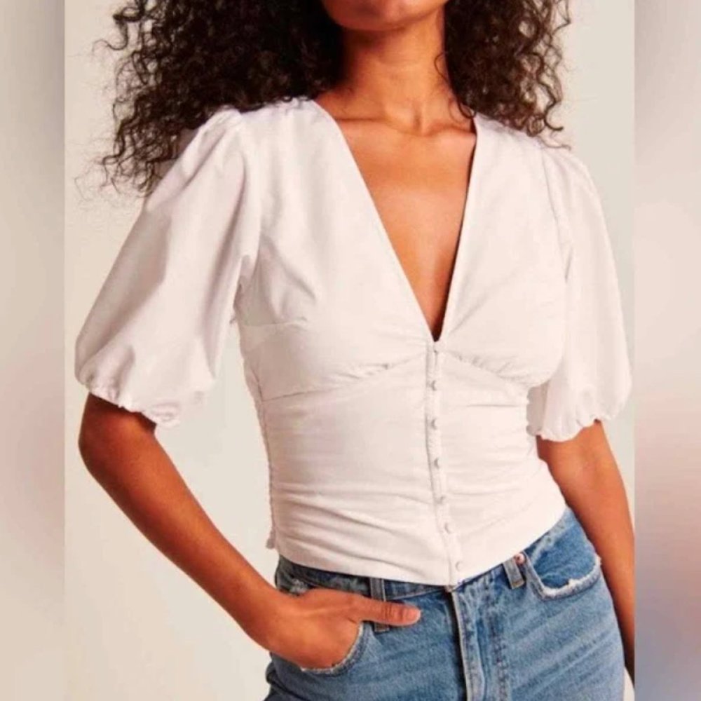 Abercrombie & Fitch Poplin Button-through Ruched Top In White Size